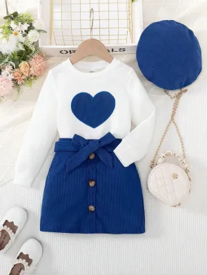 2pcs Girls (Small) Round Neck Long Sleeve Heart Pattern Minimalist Blouse And Front Tie Skirt Set