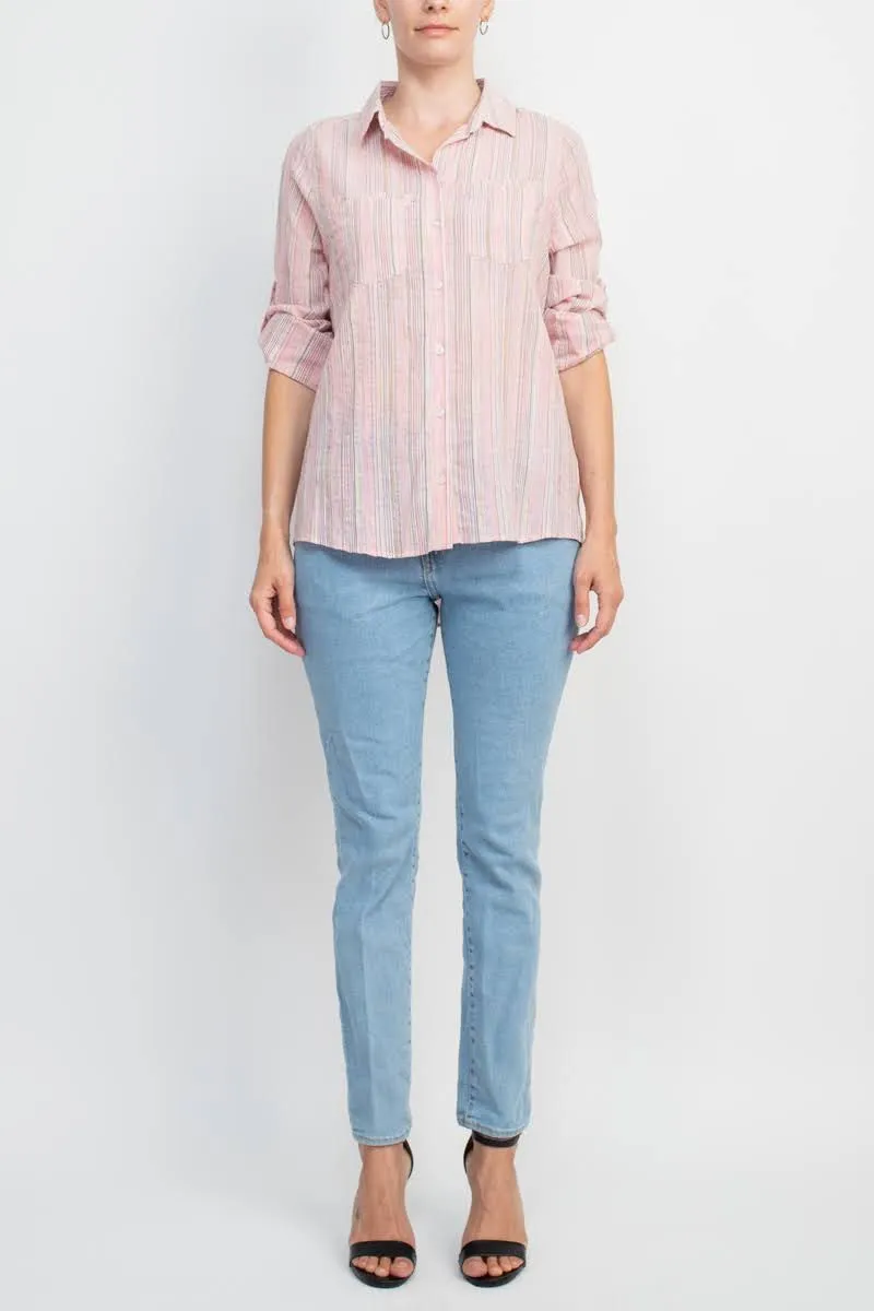 Adyson Parker Collared Button Down 2 Way Sleeve Pockets Multi Color Rayon Shirt