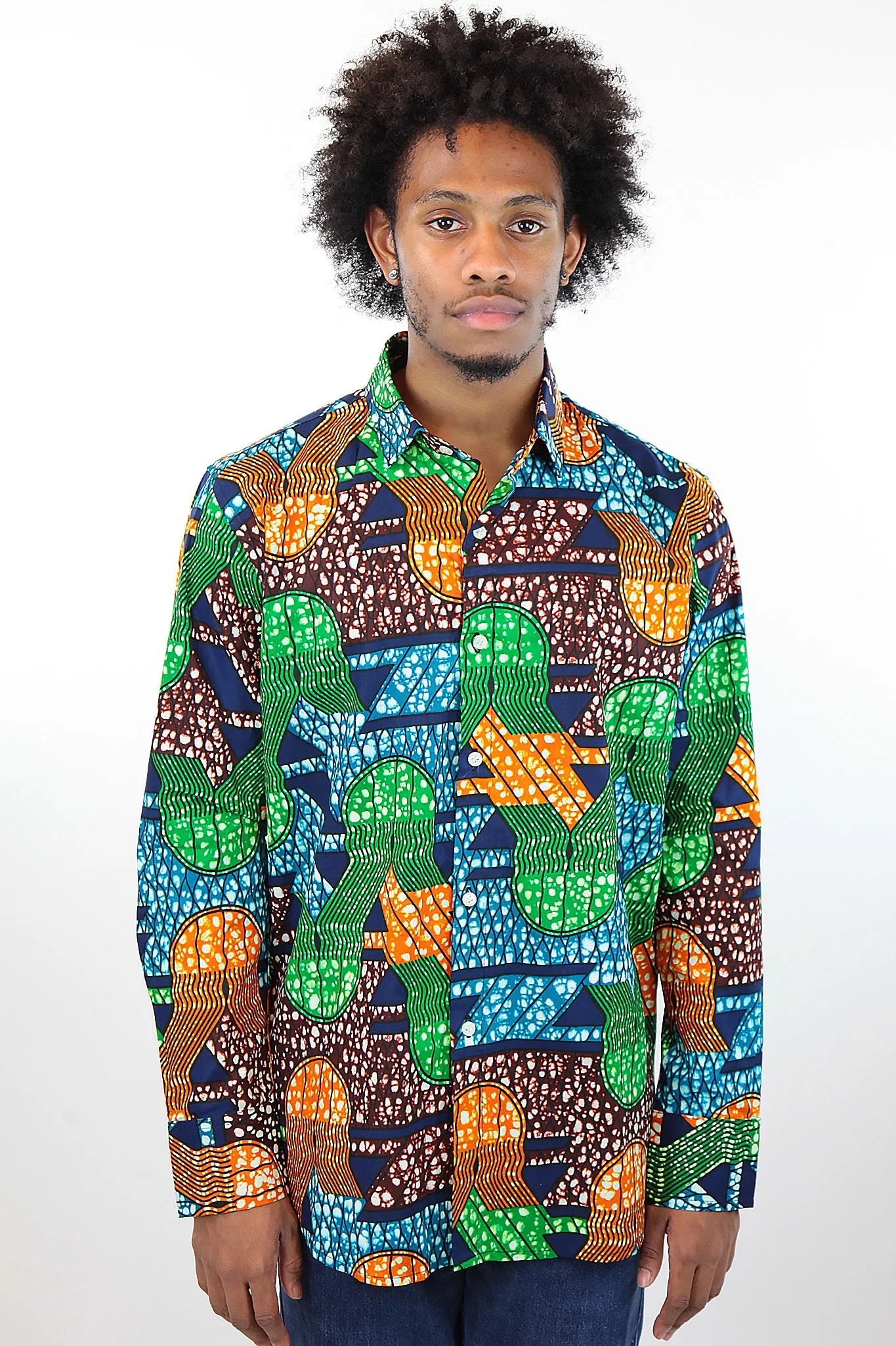 African Print Mens Shirt Button-Up Geometric Jellyfish