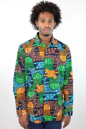 African Print Mens Shirt Button-Up Geometric Jellyfish