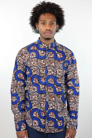 African Print Mens Shirt Button-Up Geometric Seashell