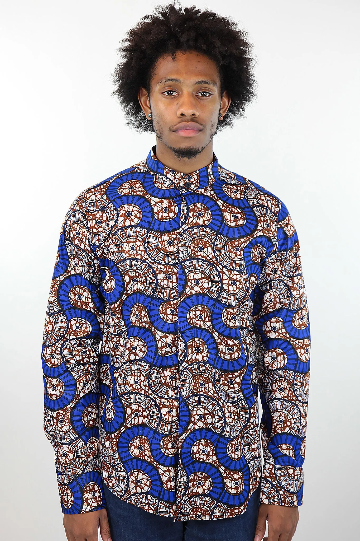 African Print Mens Shirt Button-Up Geometric Seashell