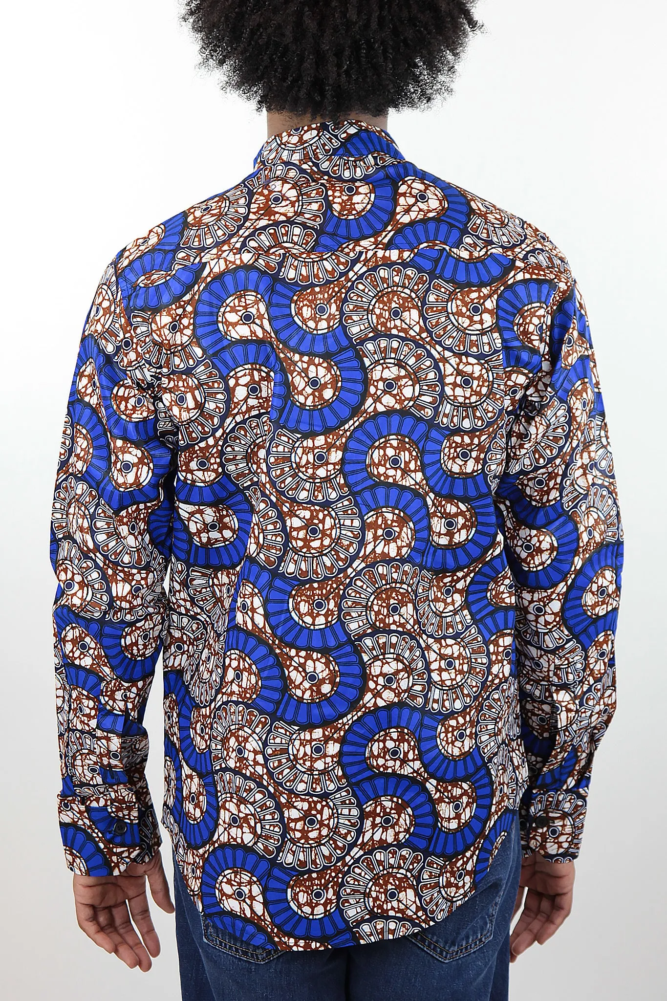 African Print Mens Shirt Button-Up Geometric Seashell
