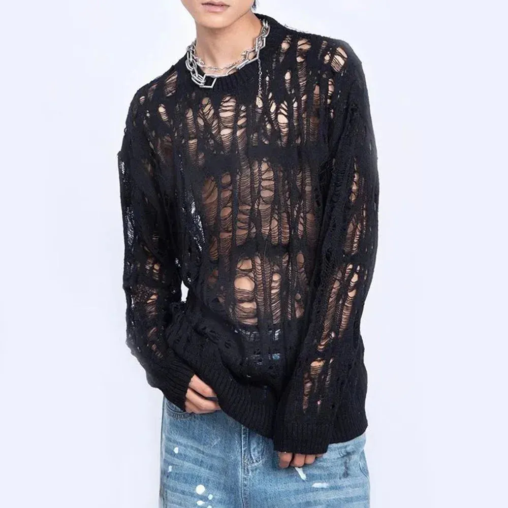 Aidase Men Sweater Harajuku Perspective Destructed Hollow Hold Pullover Tops Autumn Streetwear Fashion Trendy Daily Sweater Unisex 2024