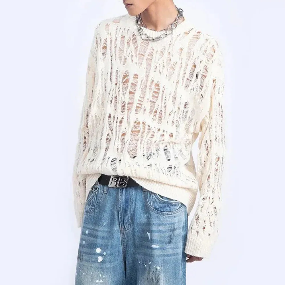 Aidase Men Sweater Harajuku Perspective Destructed Hollow Hold Pullover Tops Autumn Streetwear Fashion Trendy Daily Sweater Unisex 2024