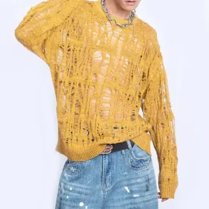 Aidase Men Sweater Harajuku Perspective Destructed Hollow Hold Pullover Tops Autumn Streetwear Fashion Trendy Daily Sweater Unisex 2024