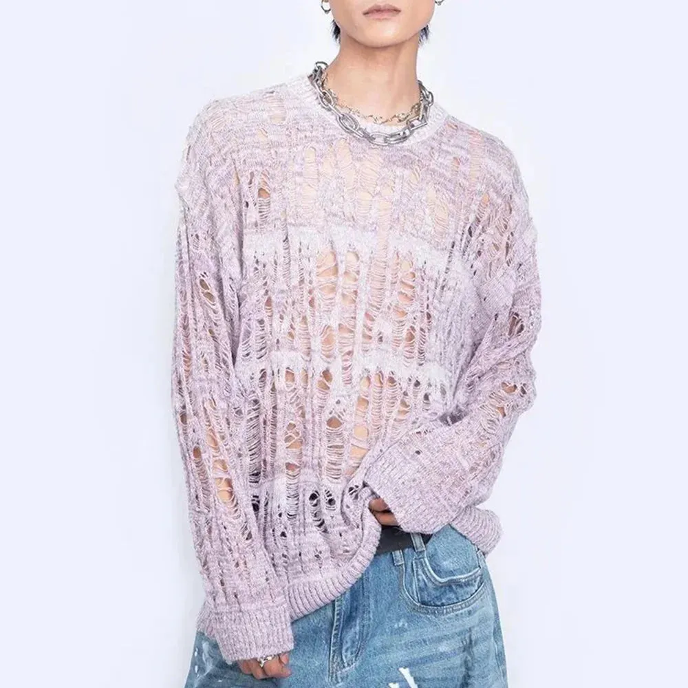 Aidase Men Sweater Harajuku Perspective Destructed Hollow Hold Pullover Tops Autumn Streetwear Fashion Trendy Daily Sweater Unisex 2024