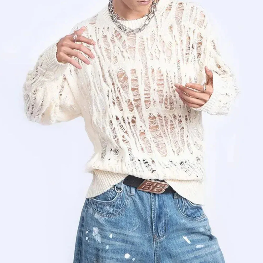 Aidase Men Sweater Harajuku Perspective Destructed Hollow Hold Pullover Tops Autumn Streetwear Fashion Trendy Daily Sweater Unisex 2024