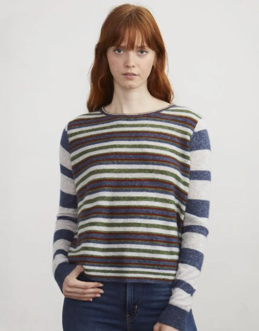 Autumn Cashmere Stripe Block Crew in Multi