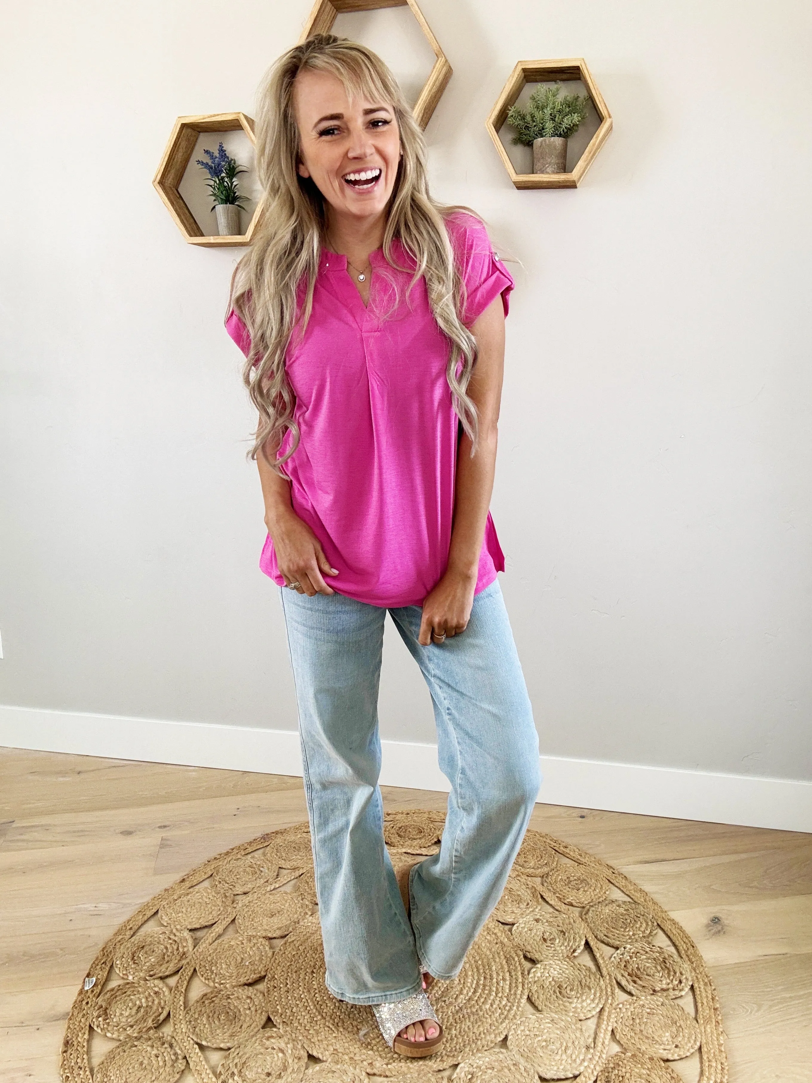 Be Happy Solid Wrinkle Free Top in Magenta