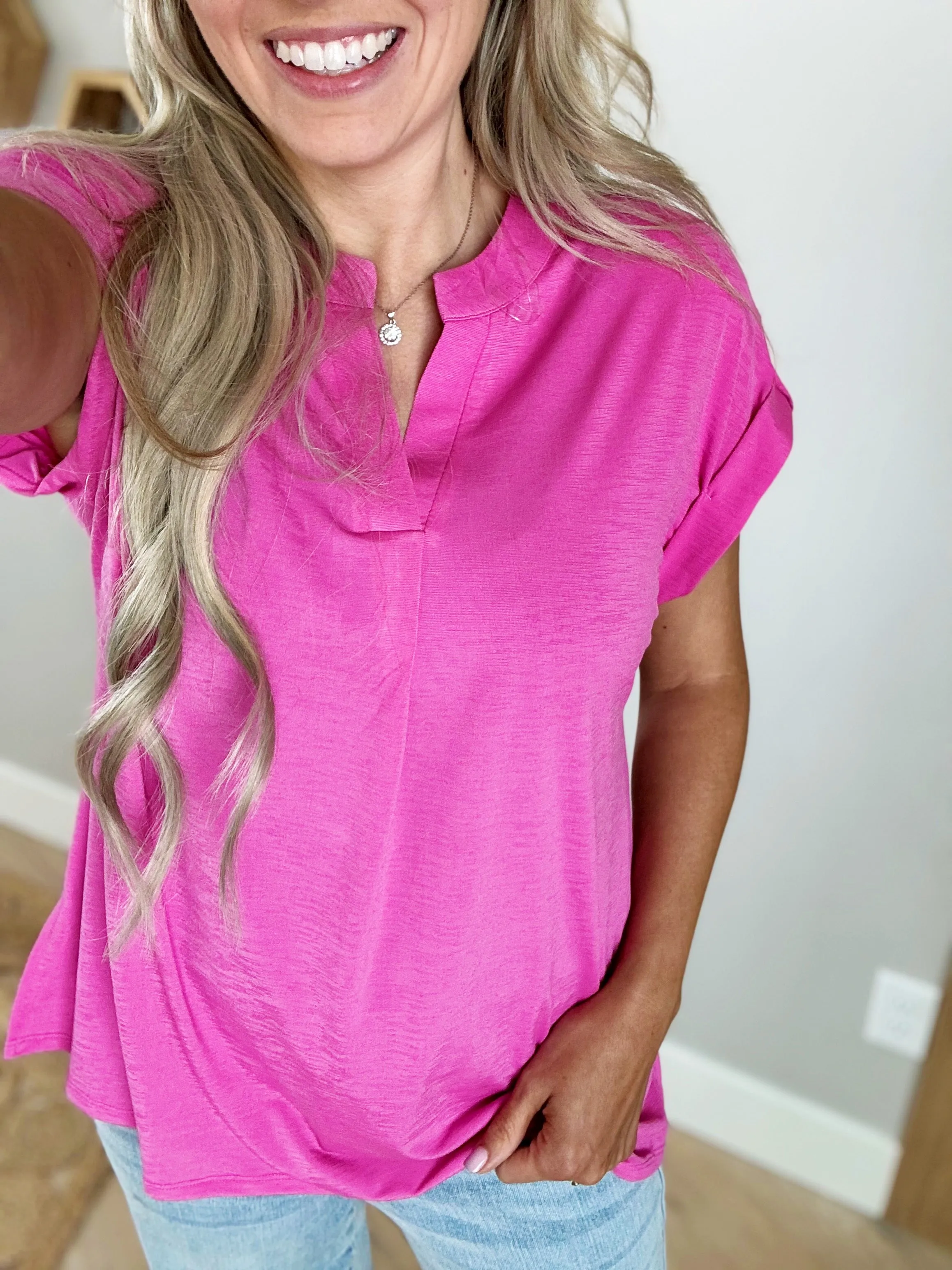 Be Happy Solid Wrinkle Free Top in Magenta
