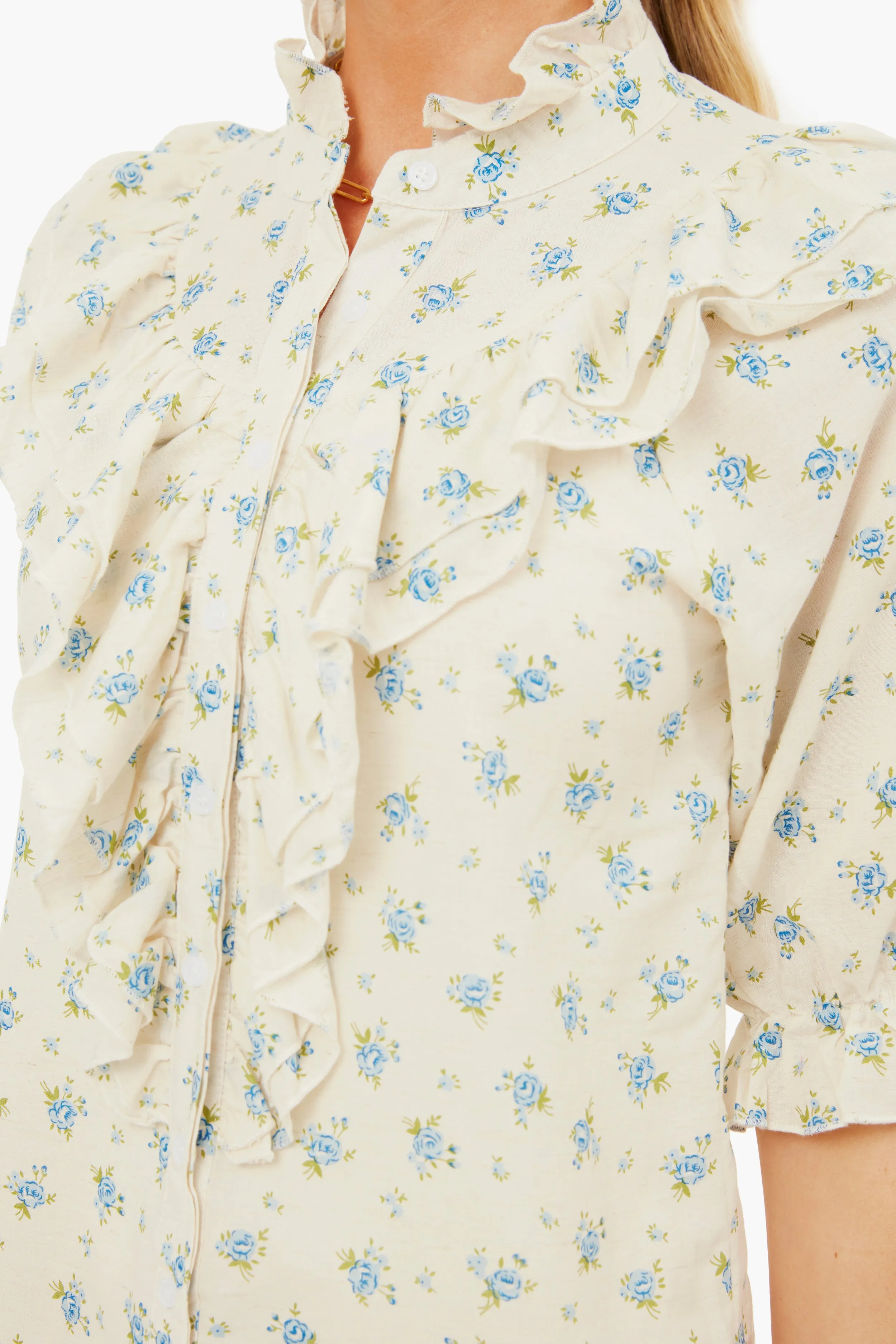 Beige Blue Jill Ruffle Shirt