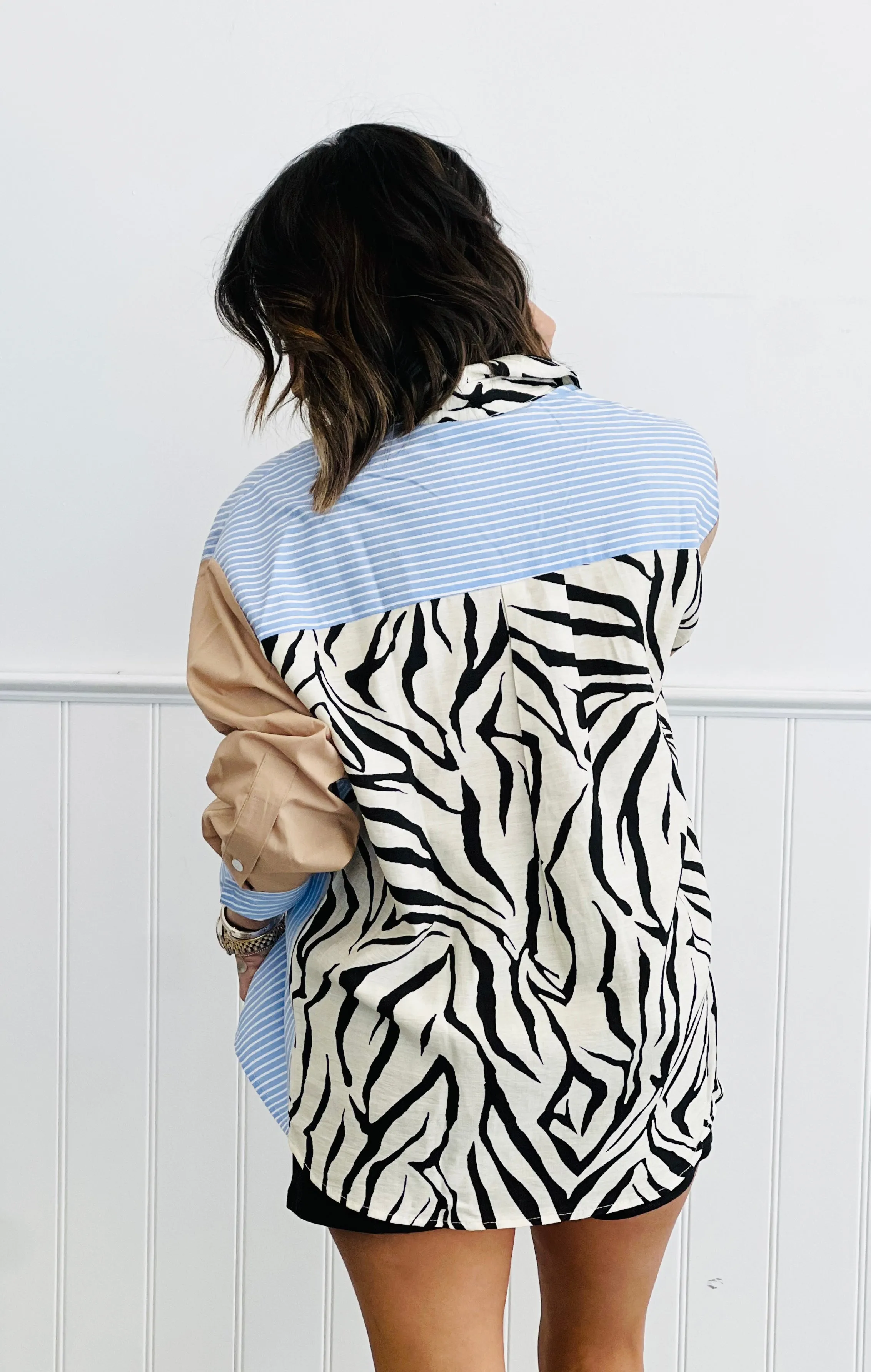 Black/Cream Multi Pattern Color Block Shirt (Reg & Plus)
