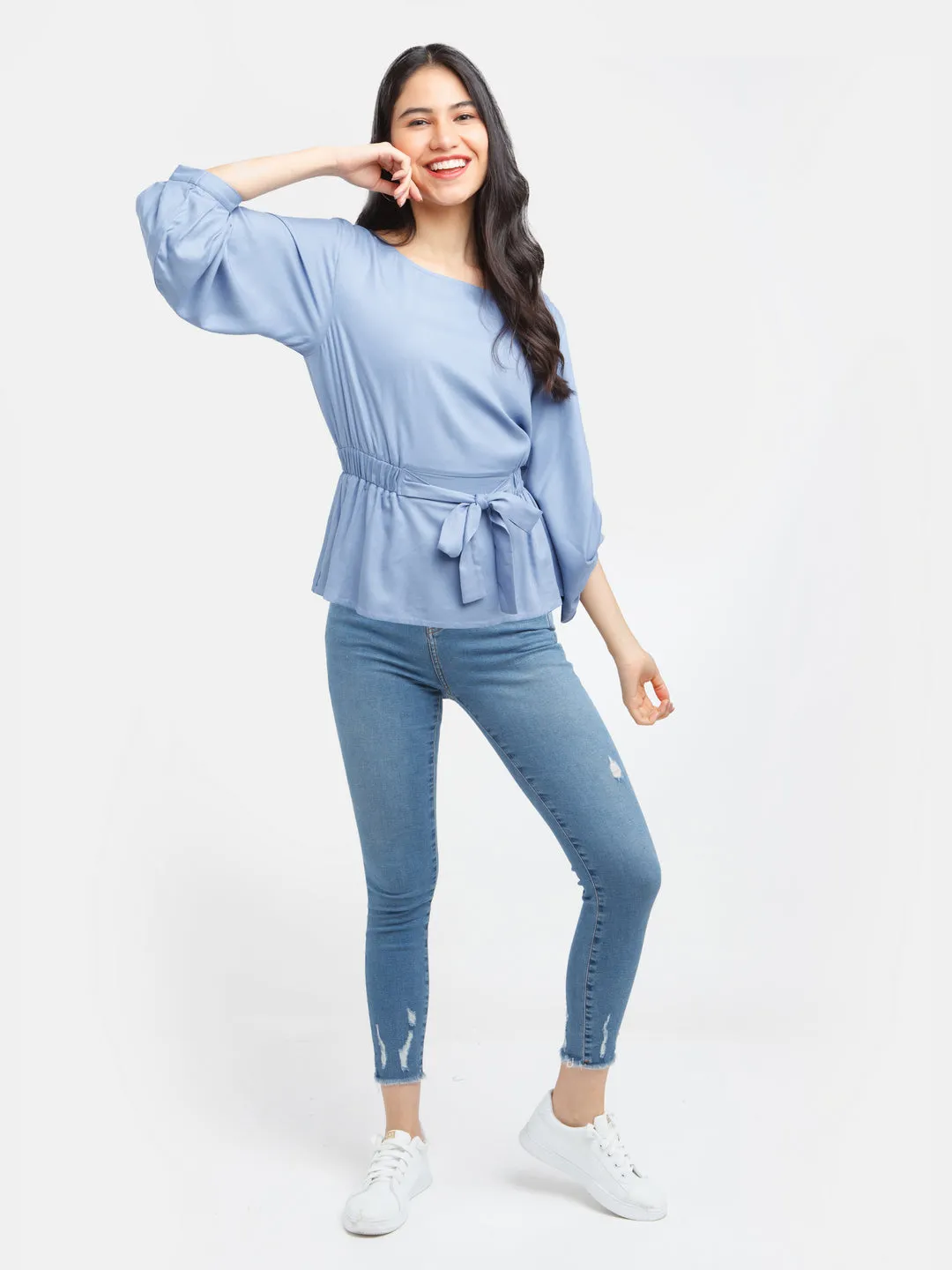Blue Solid Flared Sleeve Top