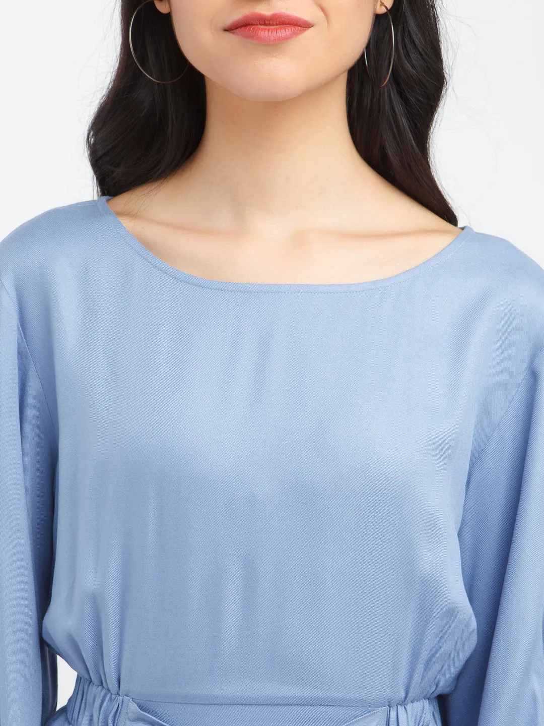 Blue Solid Flared Sleeve Top