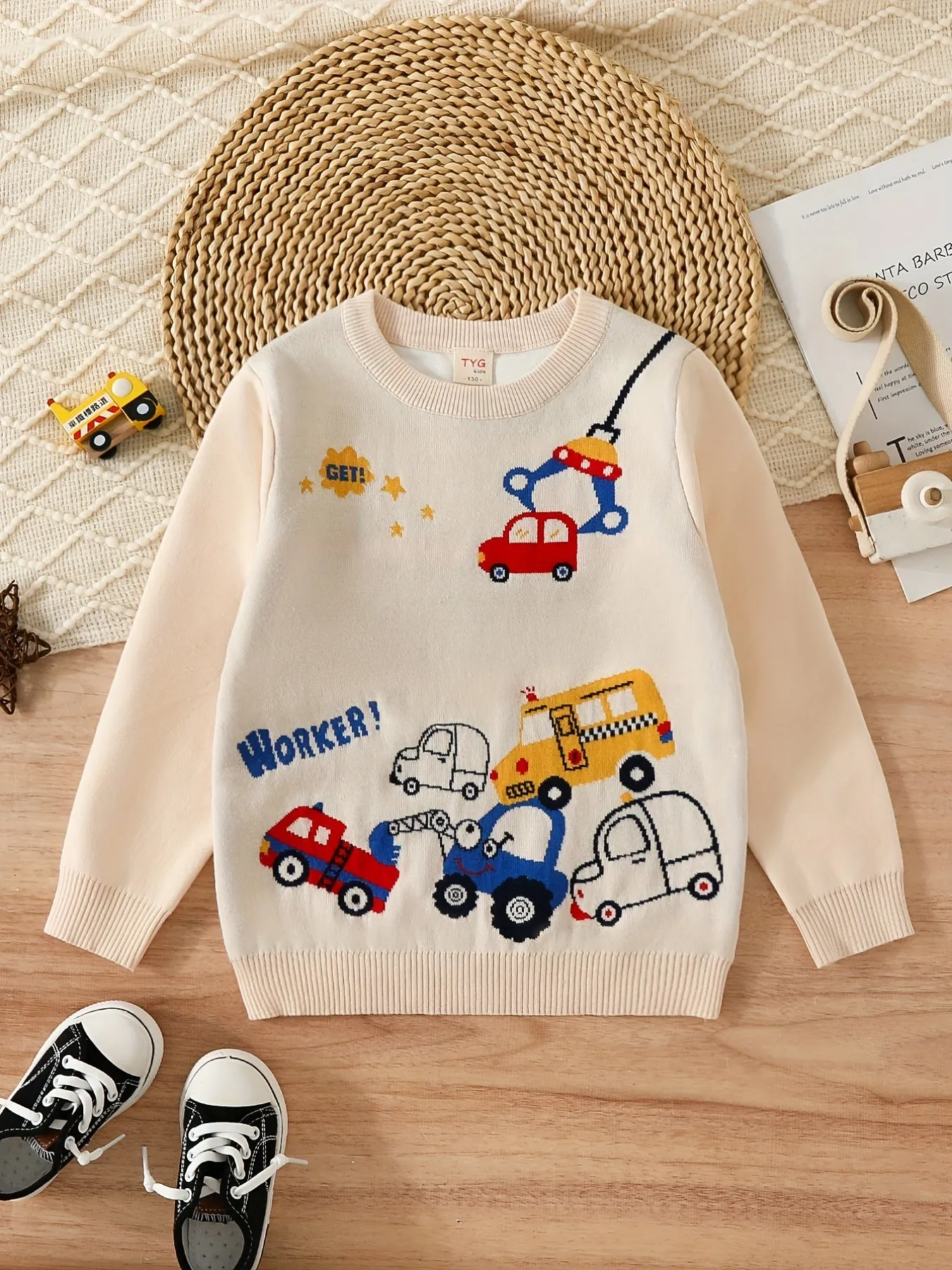 Boys Cartoon Car Pattern Sweater Round Neck Long Sleeve Stretch Warm Knit Pullover Top Kids Clothes Outdoor