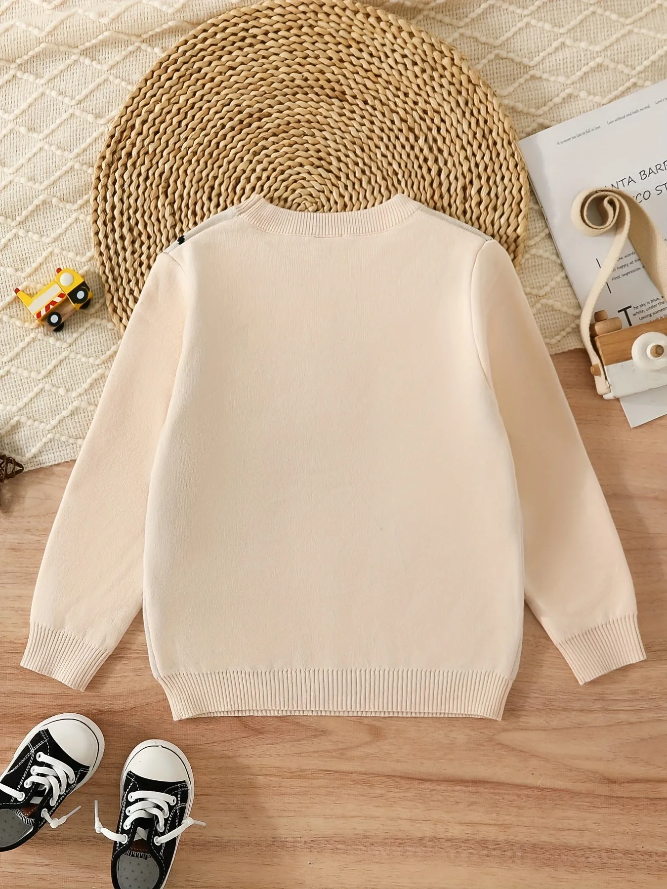 Boys Cartoon Car Pattern Sweater Round Neck Long Sleeve Stretch Warm Knit Pullover Top Kids Clothes Outdoor