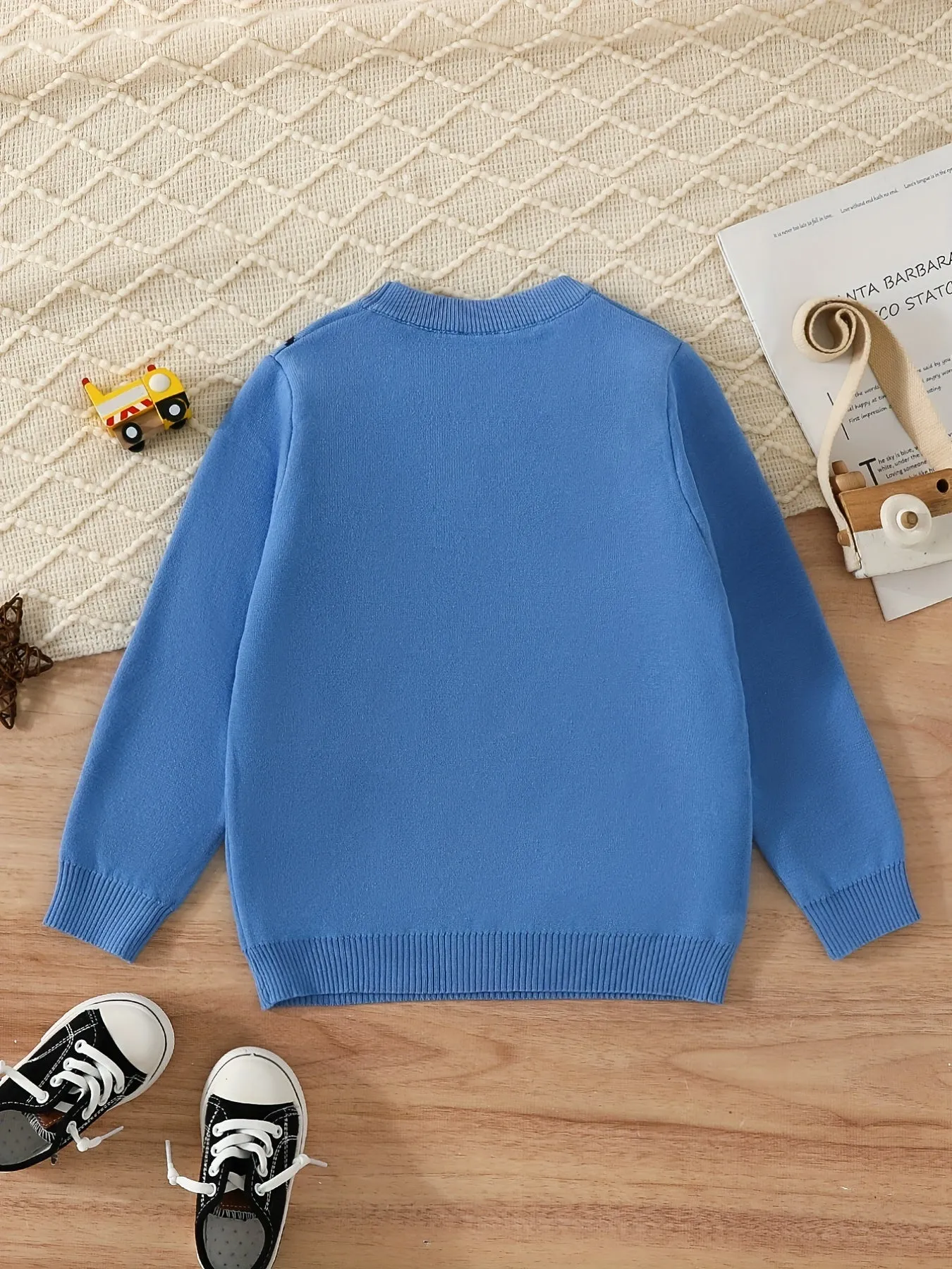 Boys Cartoon Car Pattern Sweater Round Neck Long Sleeve Stretch Warm Knit Pullover Top Kids Clothes Outdoor