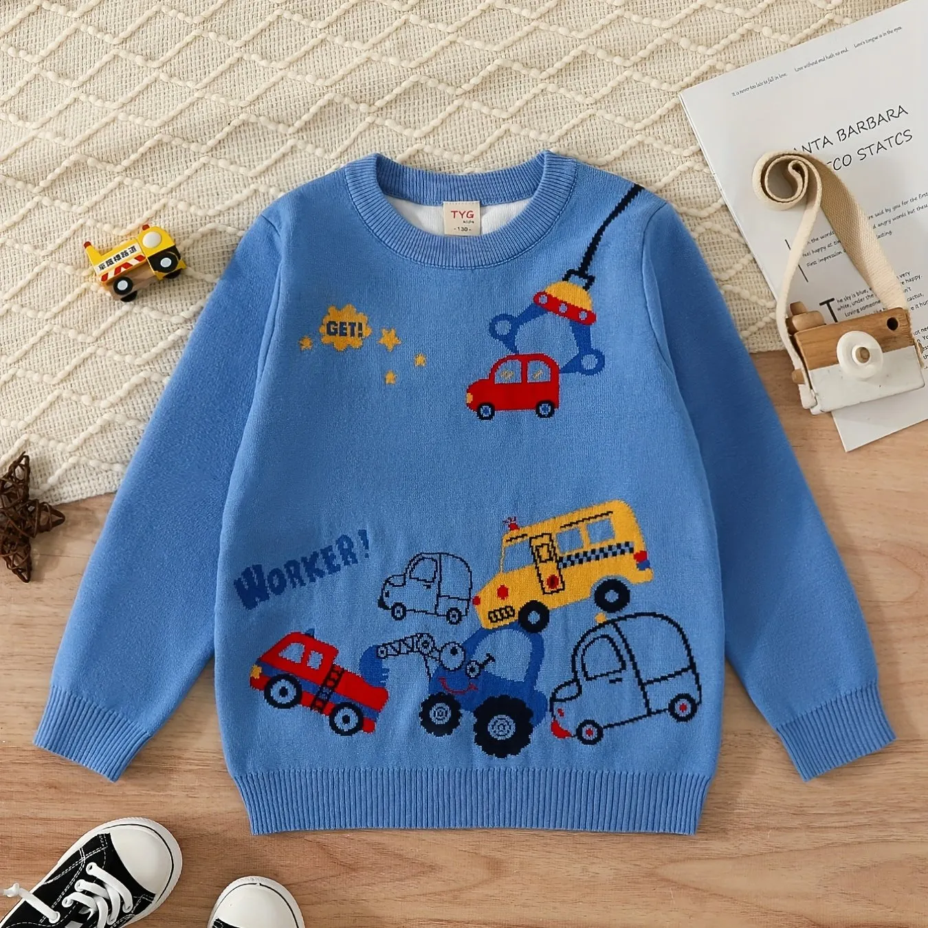 Boys Cartoon Car Pattern Sweater Round Neck Long Sleeve Stretch Warm Knit Pullover Top Kids Clothes Outdoor