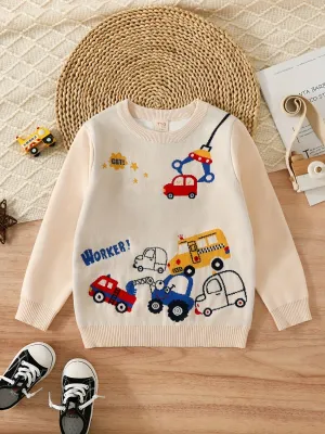 Boys Cartoon Car Pattern Sweater Round Neck Long Sleeve Stretch Warm Knit Pullover Top Kids Clothes Outdoor