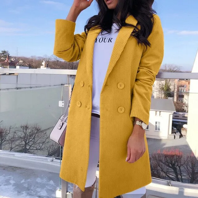Candy Color Blazer Lapel Full Sleeve Elegant Mid Long Double Breasted Coat