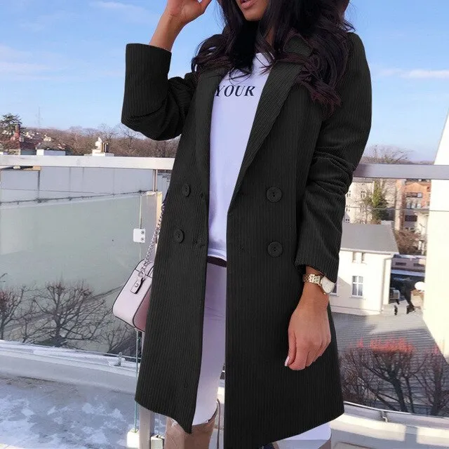 Candy Color Blazer Lapel Full Sleeve Elegant Mid Long Double Breasted Coat