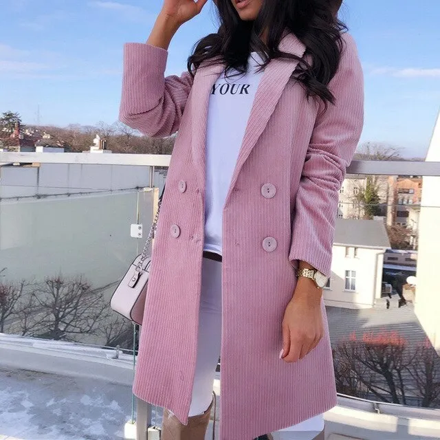 Candy Color Blazer Lapel Full Sleeve Elegant Mid Long Double Breasted Coat