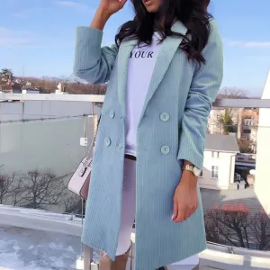 Candy Color Blazer Lapel Full Sleeve Elegant Mid Long Double Breasted Coat