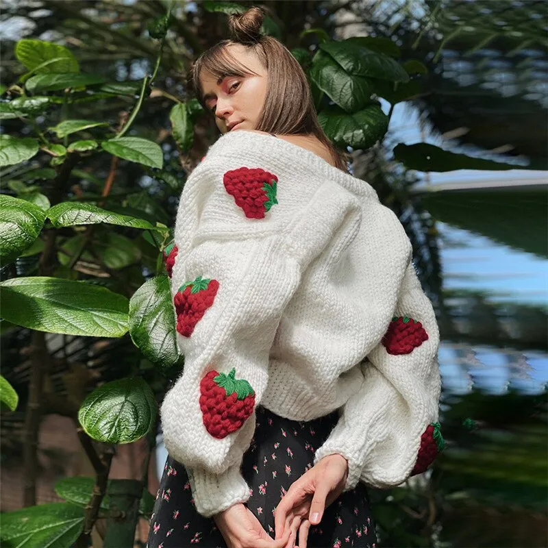 Casual Autumn Sweater White Women Knit Strawberry Warm Cardigan Femme Top V Neck Lantern Sleeves Gilrs Streetwear