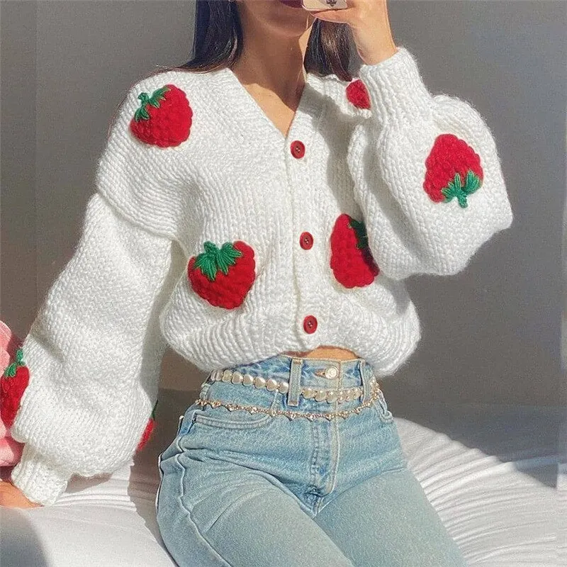 Casual Autumn Sweater White Women Knit Strawberry Warm Cardigan Femme Top V Neck Lantern Sleeves Gilrs Streetwear