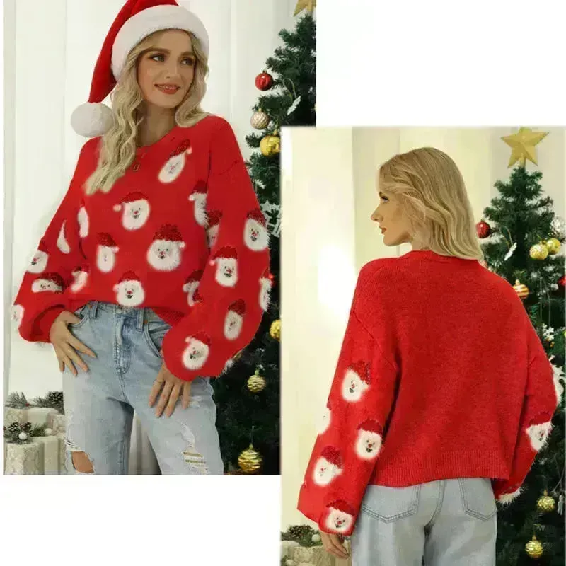 Christmas Sweater Women Cute Cartoon Santa Print Knit Sweater Winter Tops
