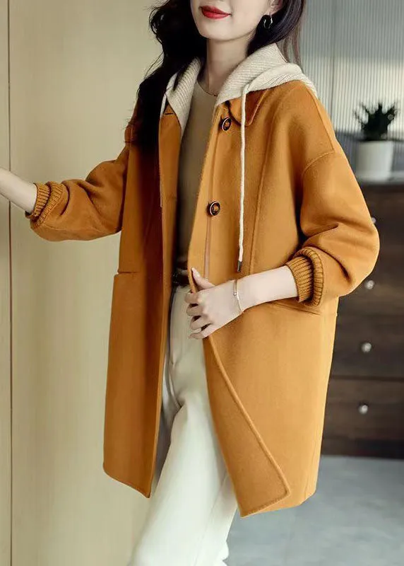 Classy Khaki Button Pockets Patchwork Woolen Hoodies Outwear Fall