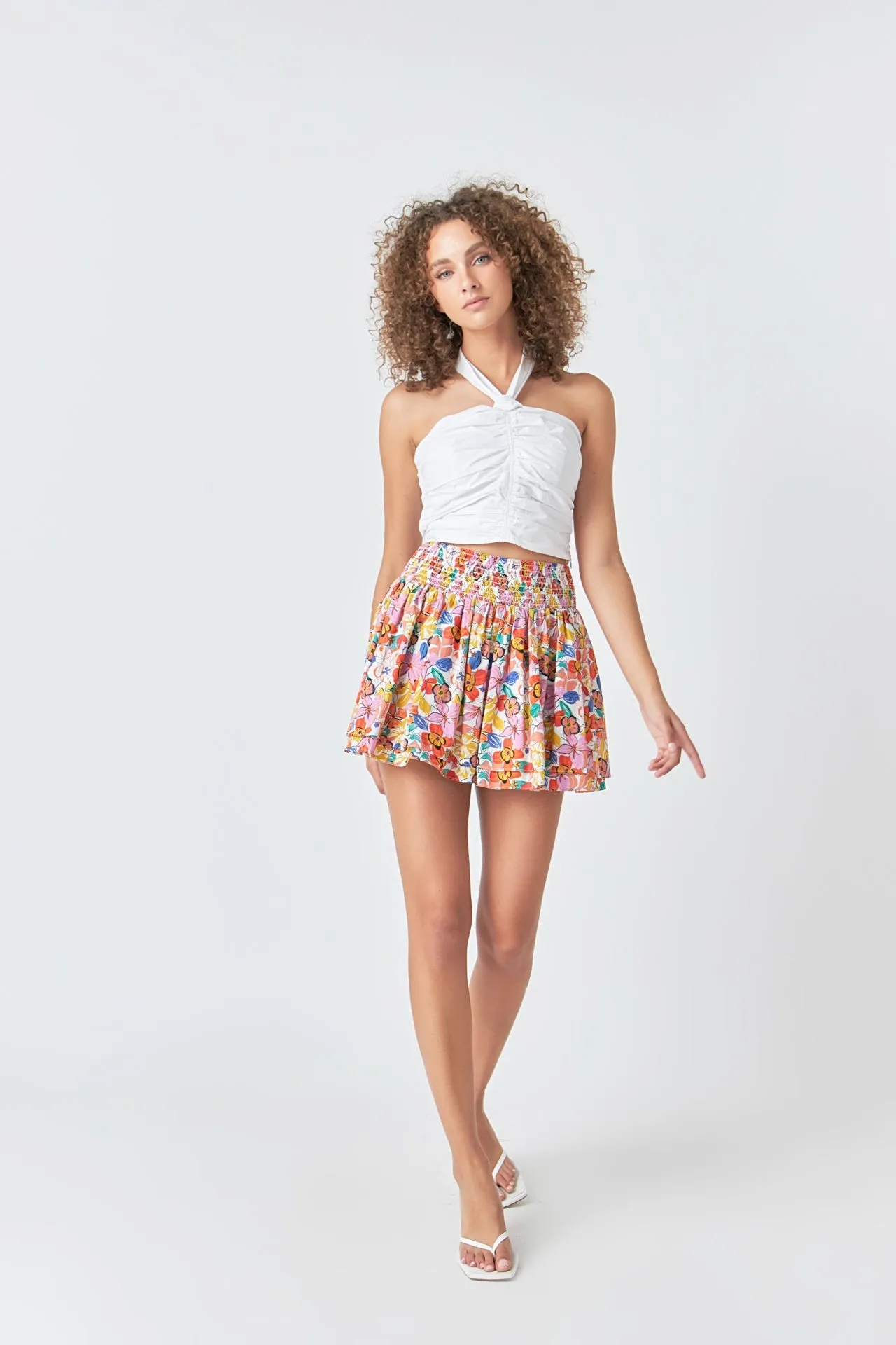 Cotton Floral Print Tiered Mini Skort
