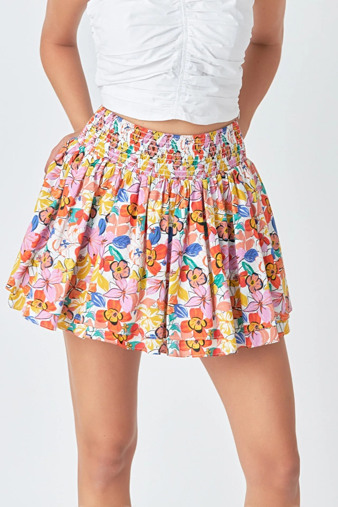 Cotton Floral Print Tiered Mini Skort