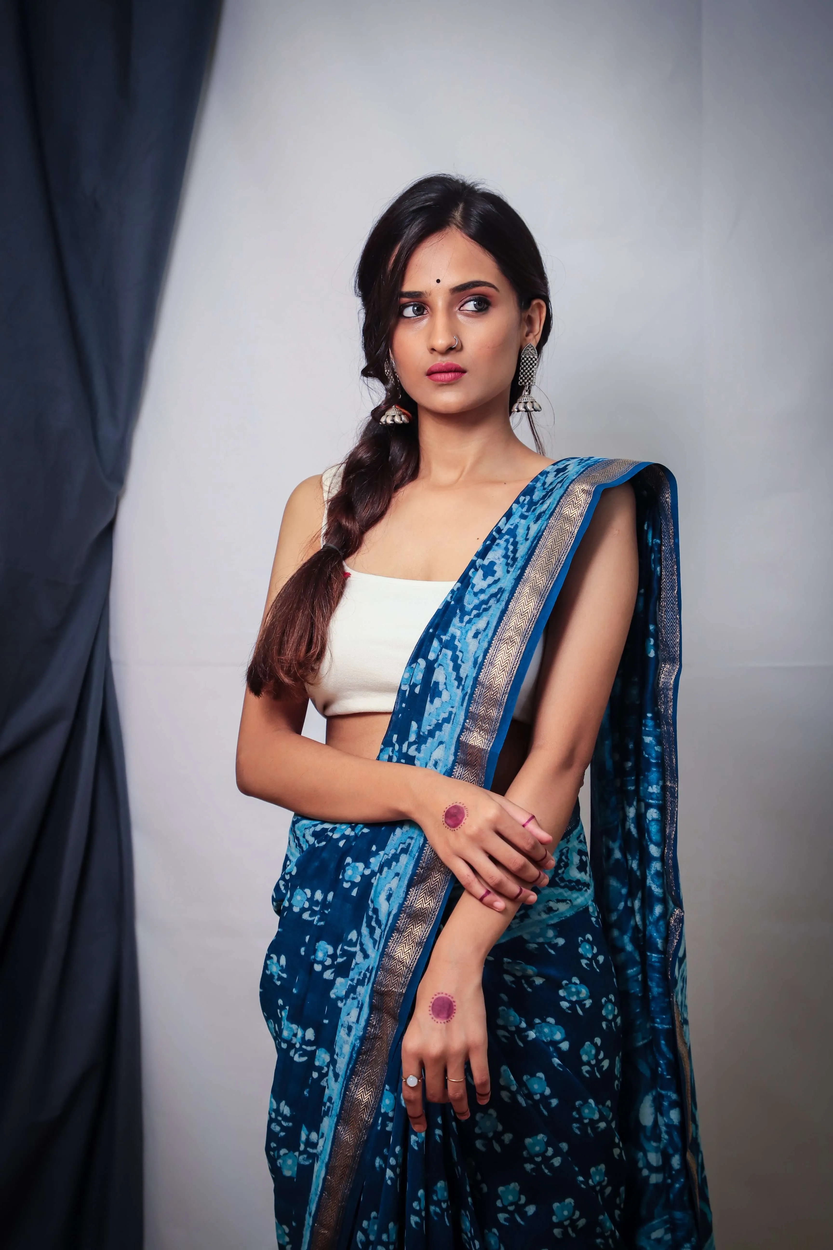 Cotton Maheshwari  Sky Blue Dabu Print Saree