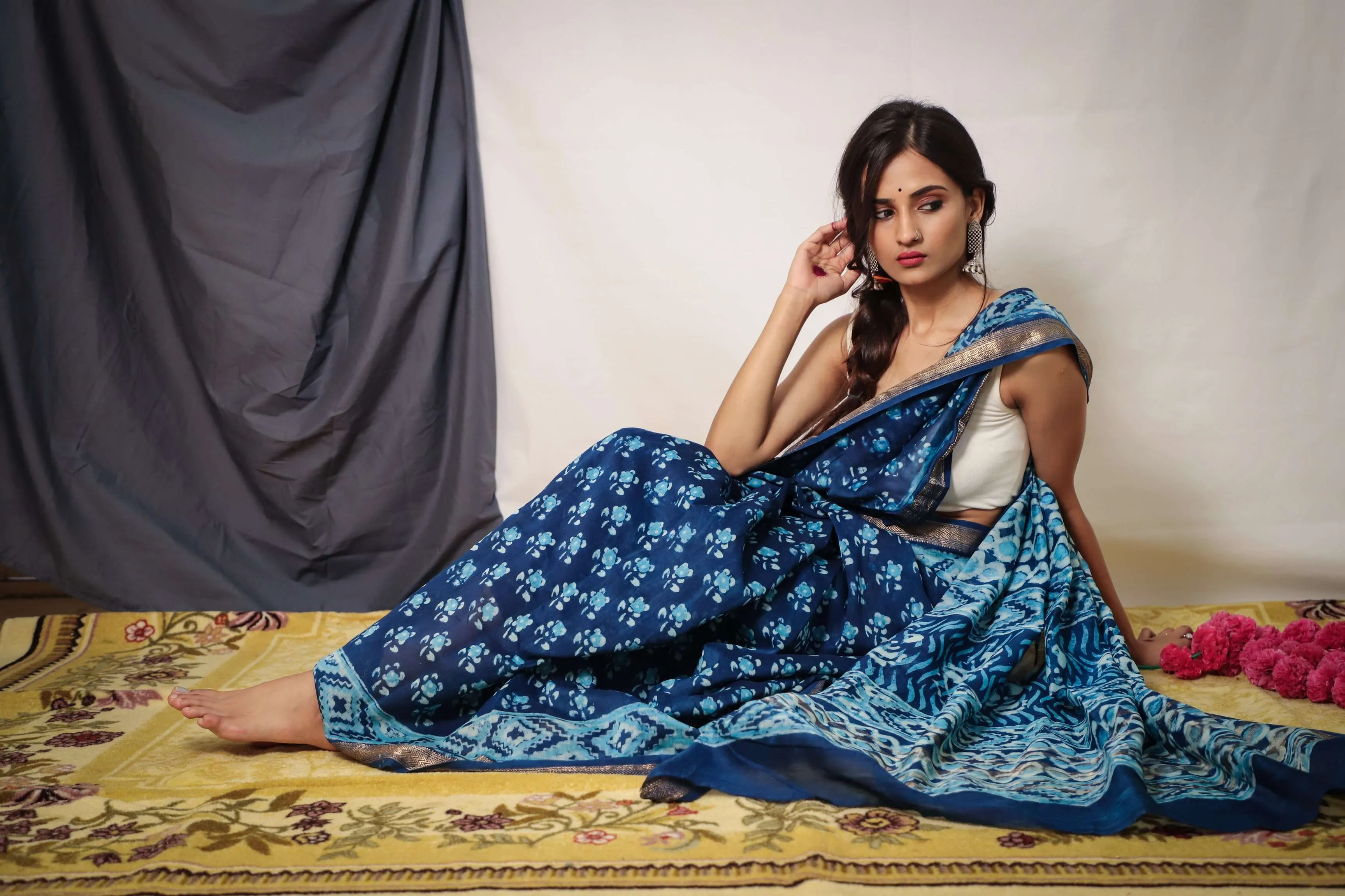 Cotton Maheshwari  Sky Blue Dabu Print Saree