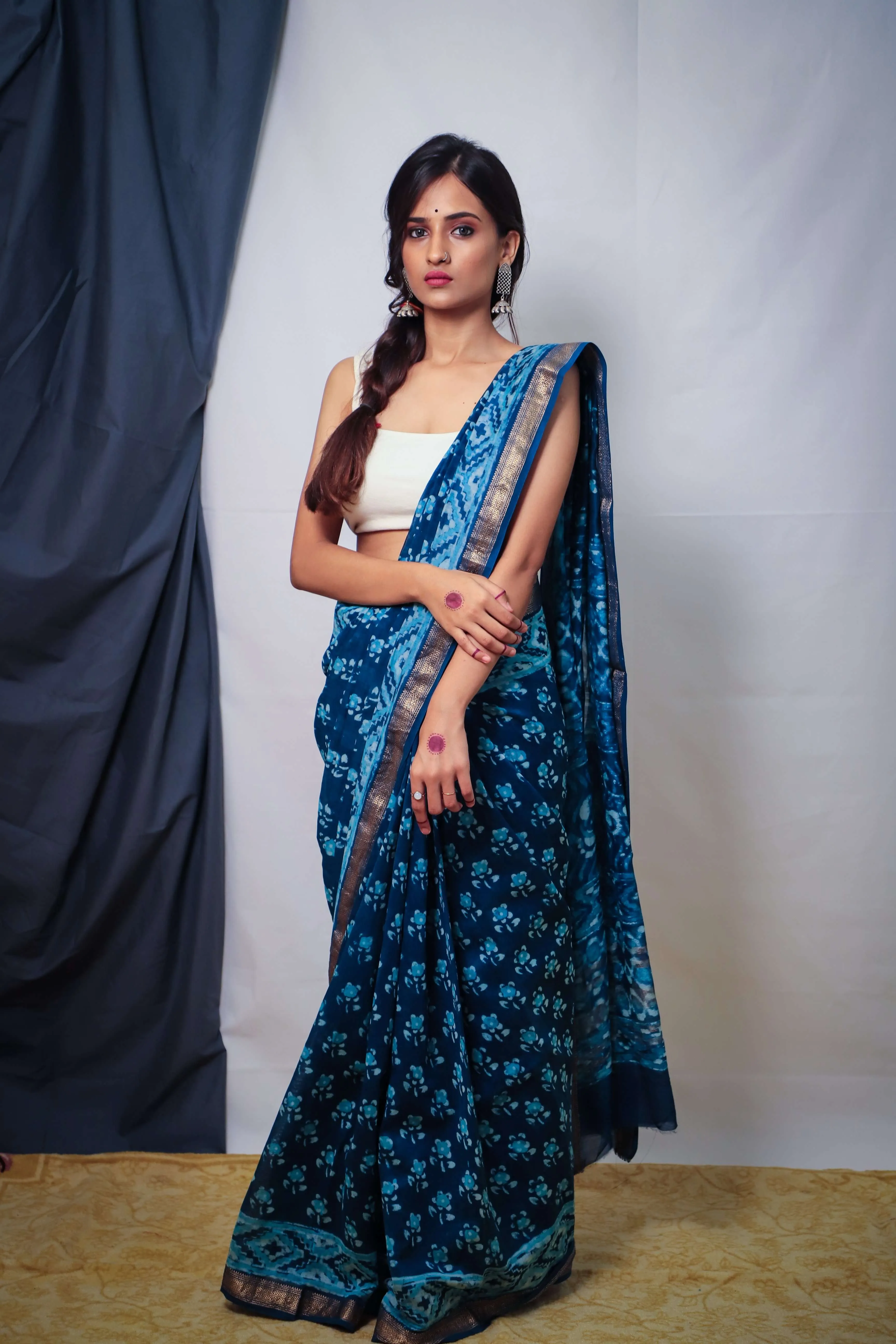 Cotton Maheshwari  Sky Blue Dabu Print Saree