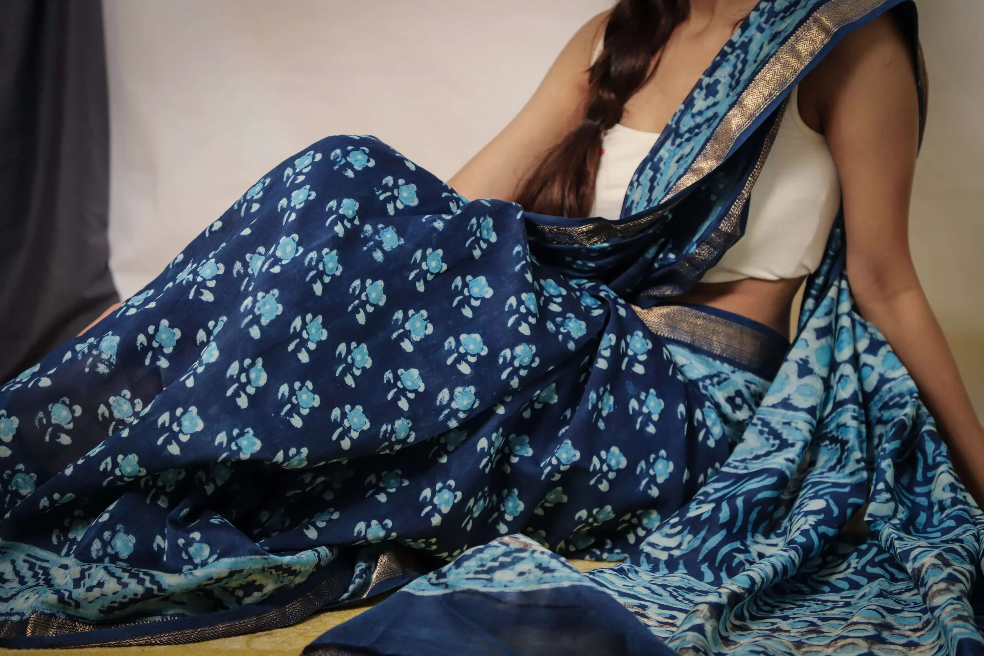 Cotton Maheshwari  Sky Blue Dabu Print Saree