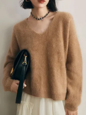 Cozy V-Neck Knitted Sweater in Soft Mink