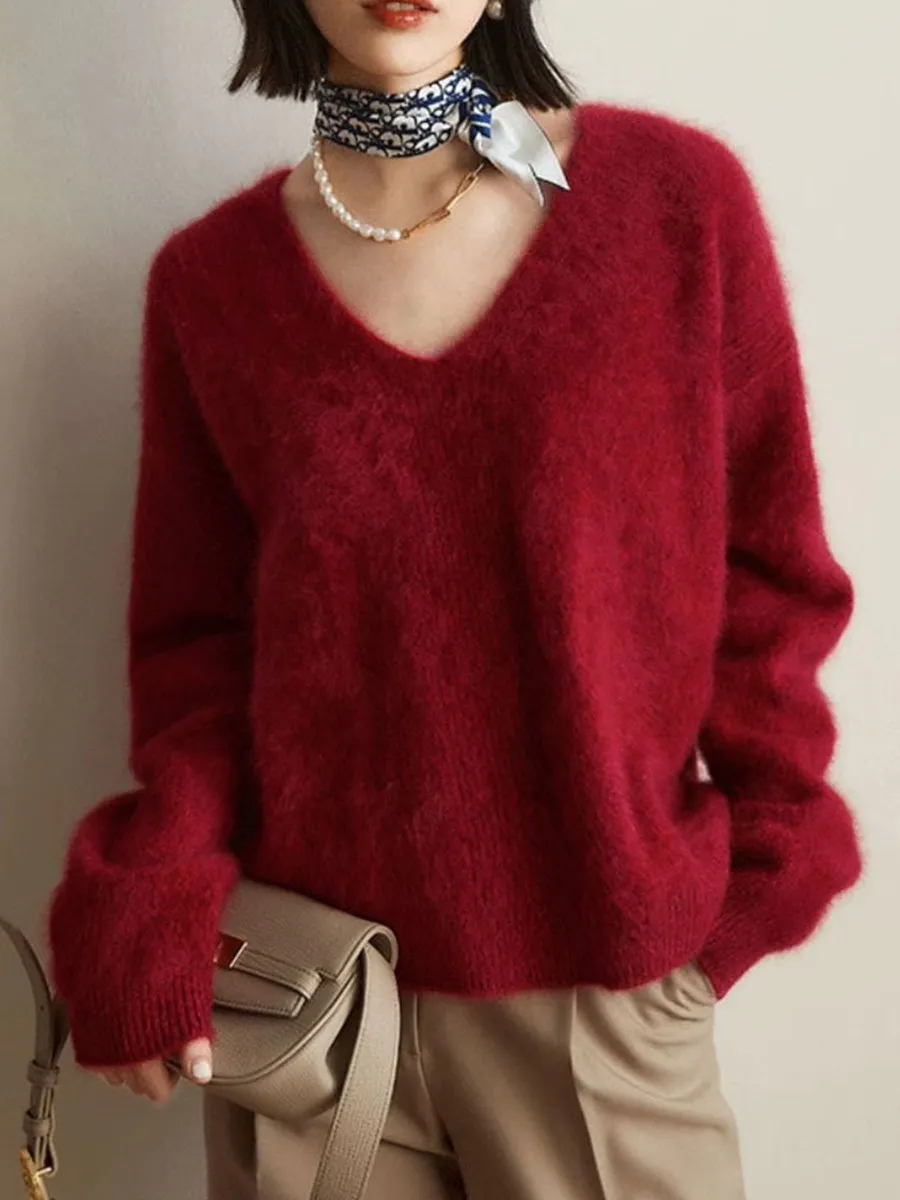 Cozy V-Neck Knitted Sweater in Soft Mink