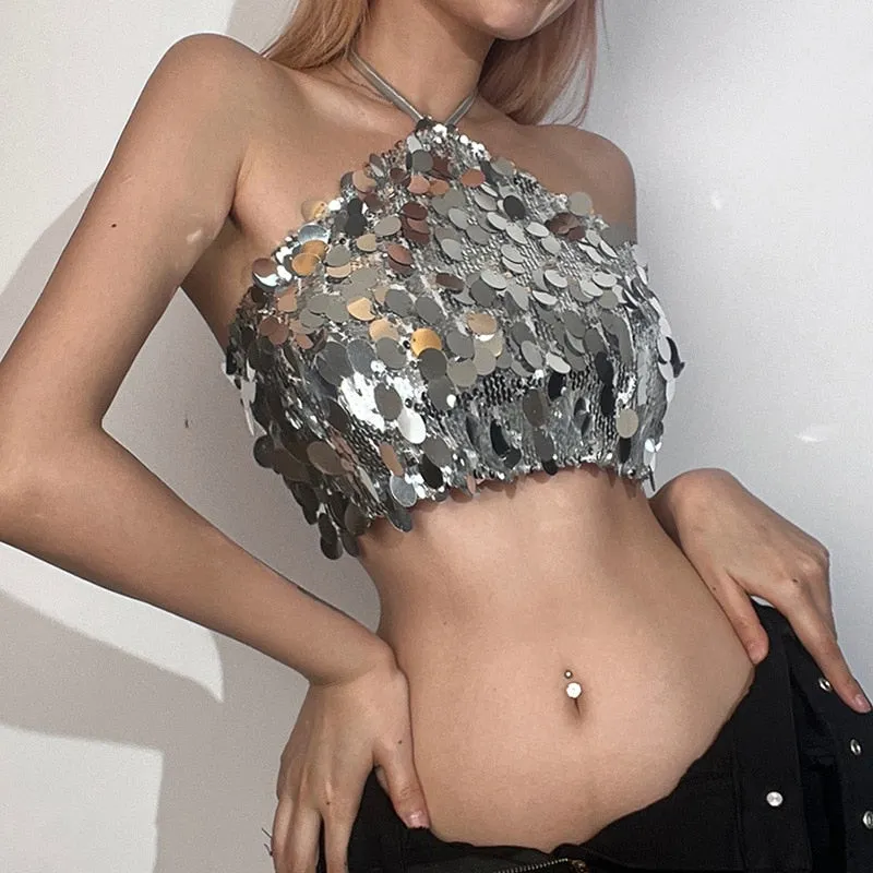 Crop Tops Woman Silver Sequin Matte Trendy Design Sexy Hot Avant-Garde High Street Personality Women's Lace-Up Vest Women
