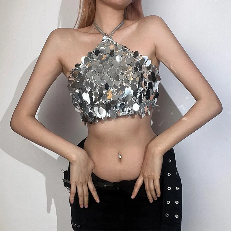 Crop Tops Woman Silver Sequin Matte Trendy Design Sexy Hot Avant-Garde High Street Personality Women's Lace-Up Vest Women