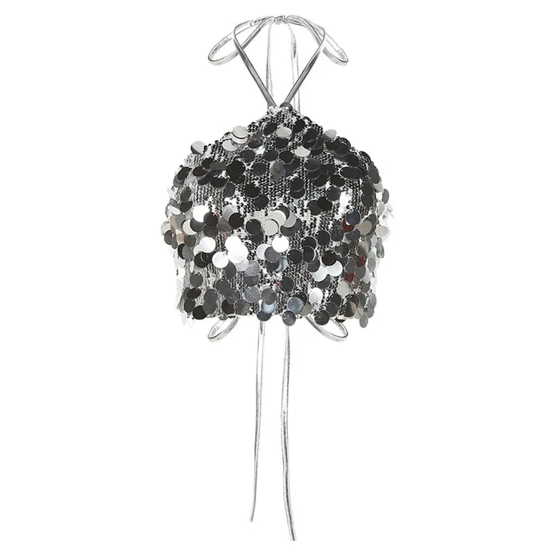 Crop Tops Woman Silver Sequin Matte Trendy Design Sexy Hot Avant-Garde High Street Personality Women's Lace-Up Vest Women