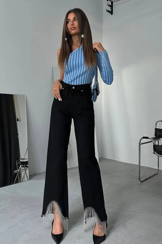 Crystal Strings Hem Jeans