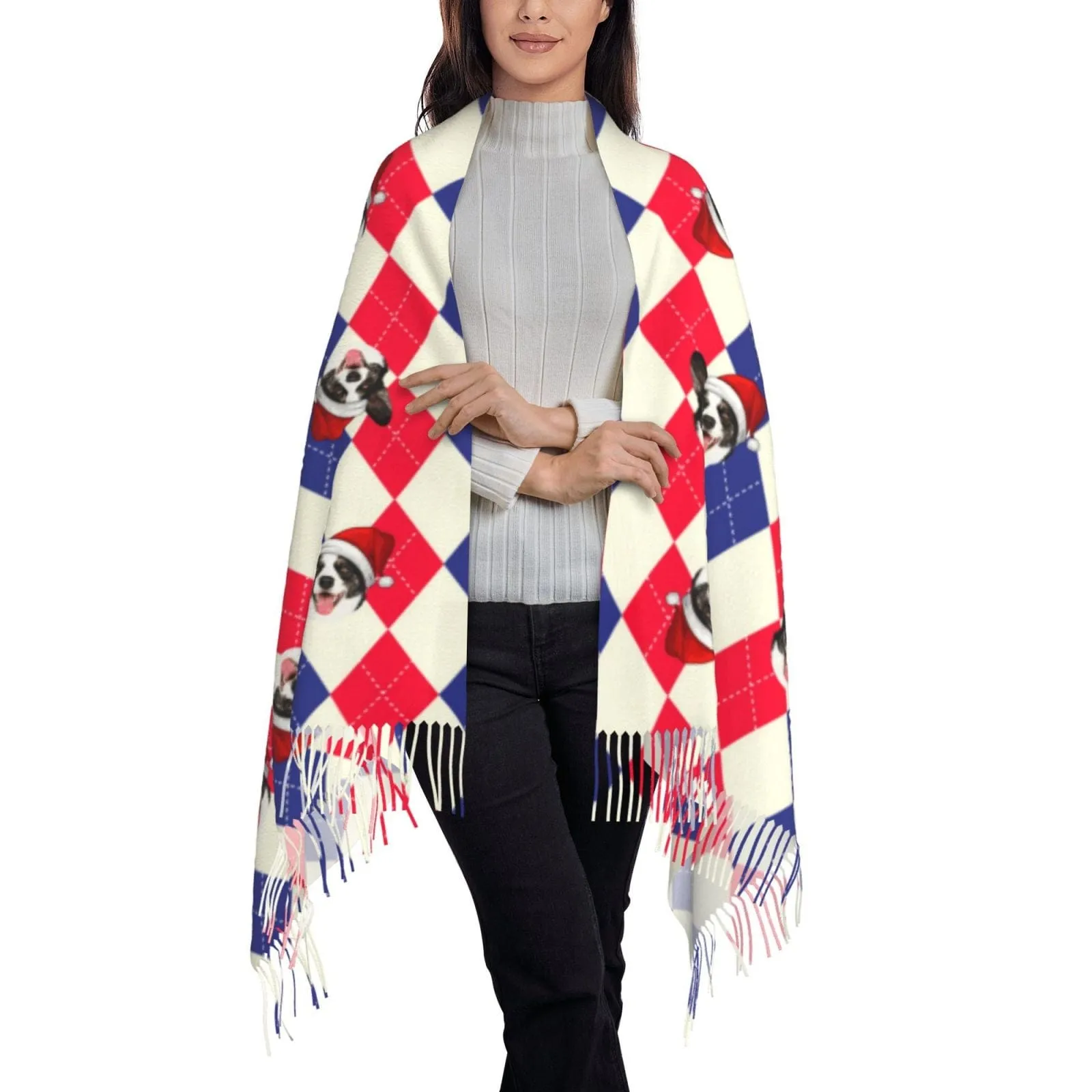 Custom Pet Dog Face Diamond Lattice Multicolor Women's Tassel Scarf