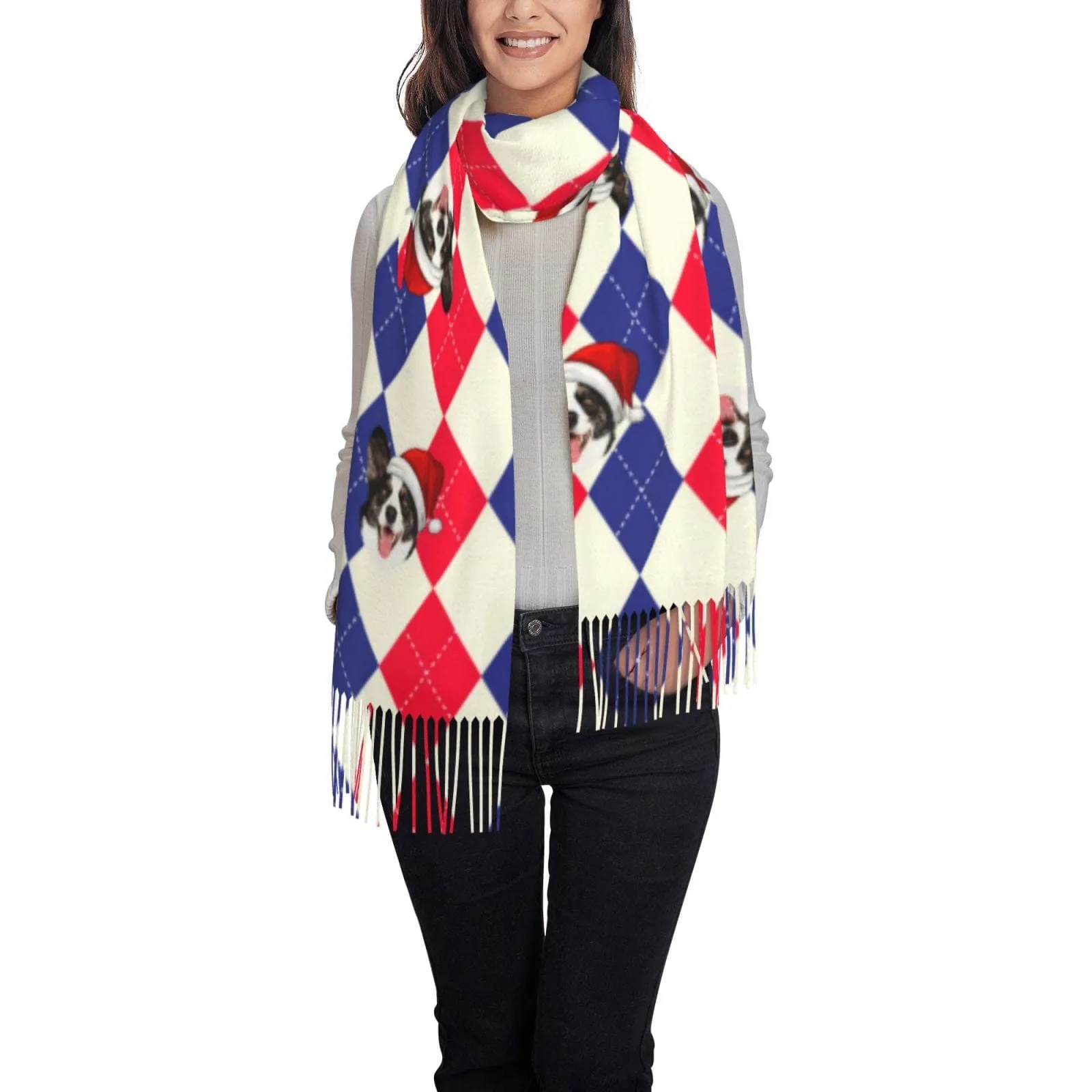 Custom Pet Dog Face Diamond Lattice Multicolor Women's Tassel Scarf