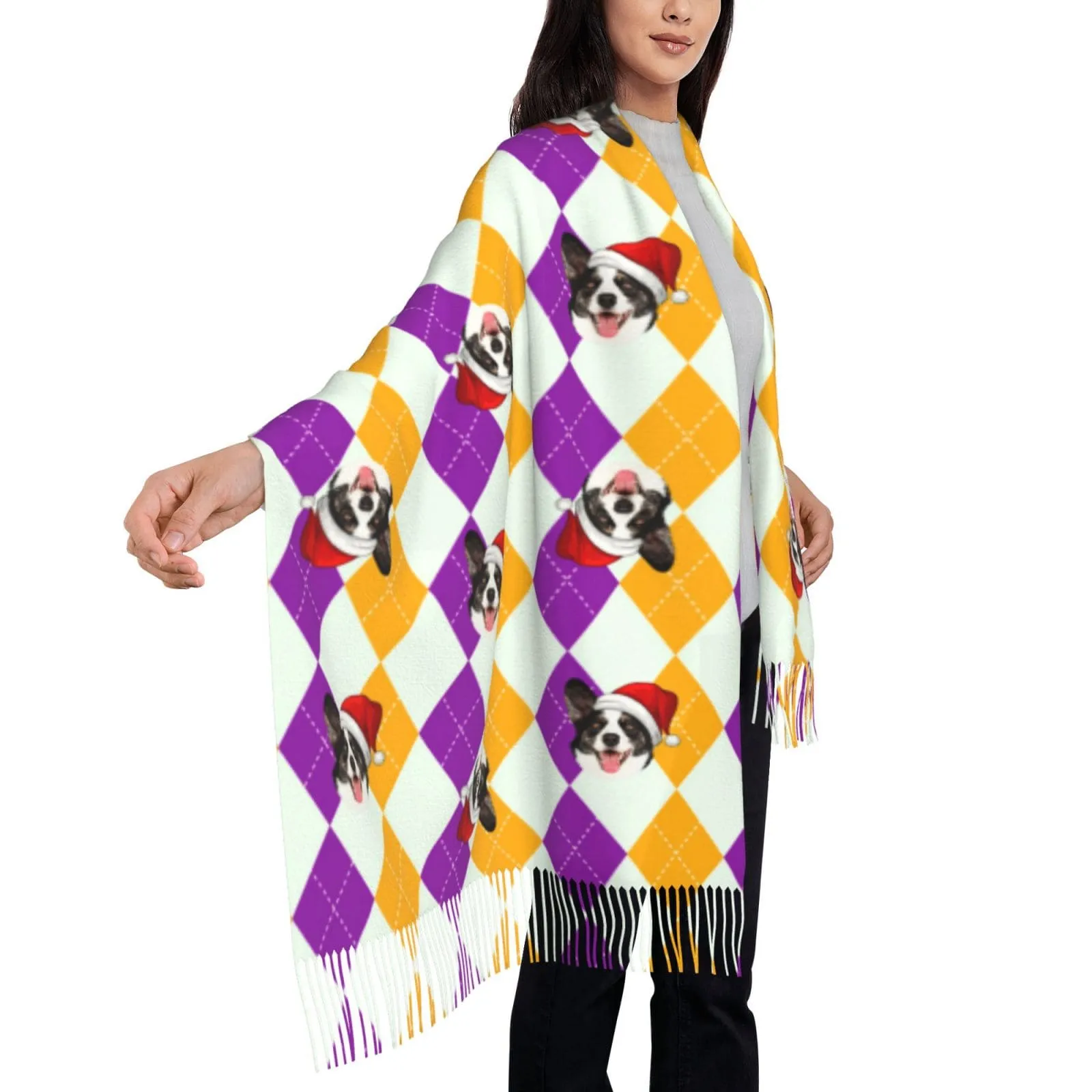 Custom Pet Dog Face Diamond Lattice Multicolor Women's Tassel Scarf