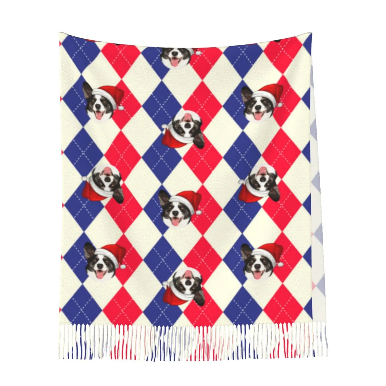 Custom Pet Dog Face Diamond Lattice Multicolor Women's Tassel Scarf