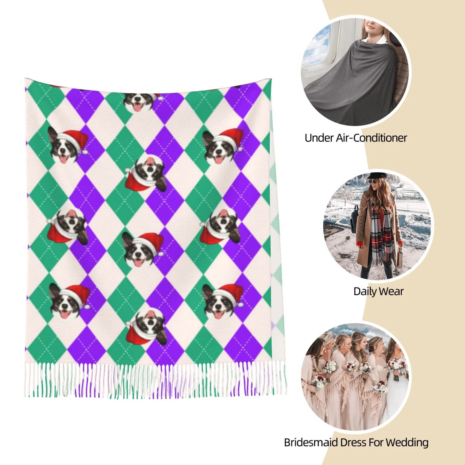 Custom Pet Dog Face Diamond Lattice Multicolor Women's Tassel Scarf