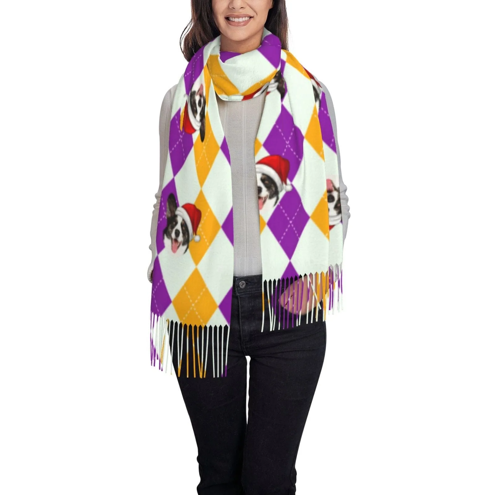 Custom Pet Dog Face Diamond Lattice Multicolor Women's Tassel Scarf